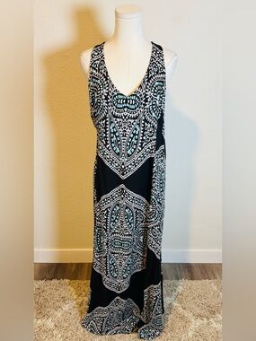 Ella Moss Black & Aqua Printed Racerback Maxi Dress size Large